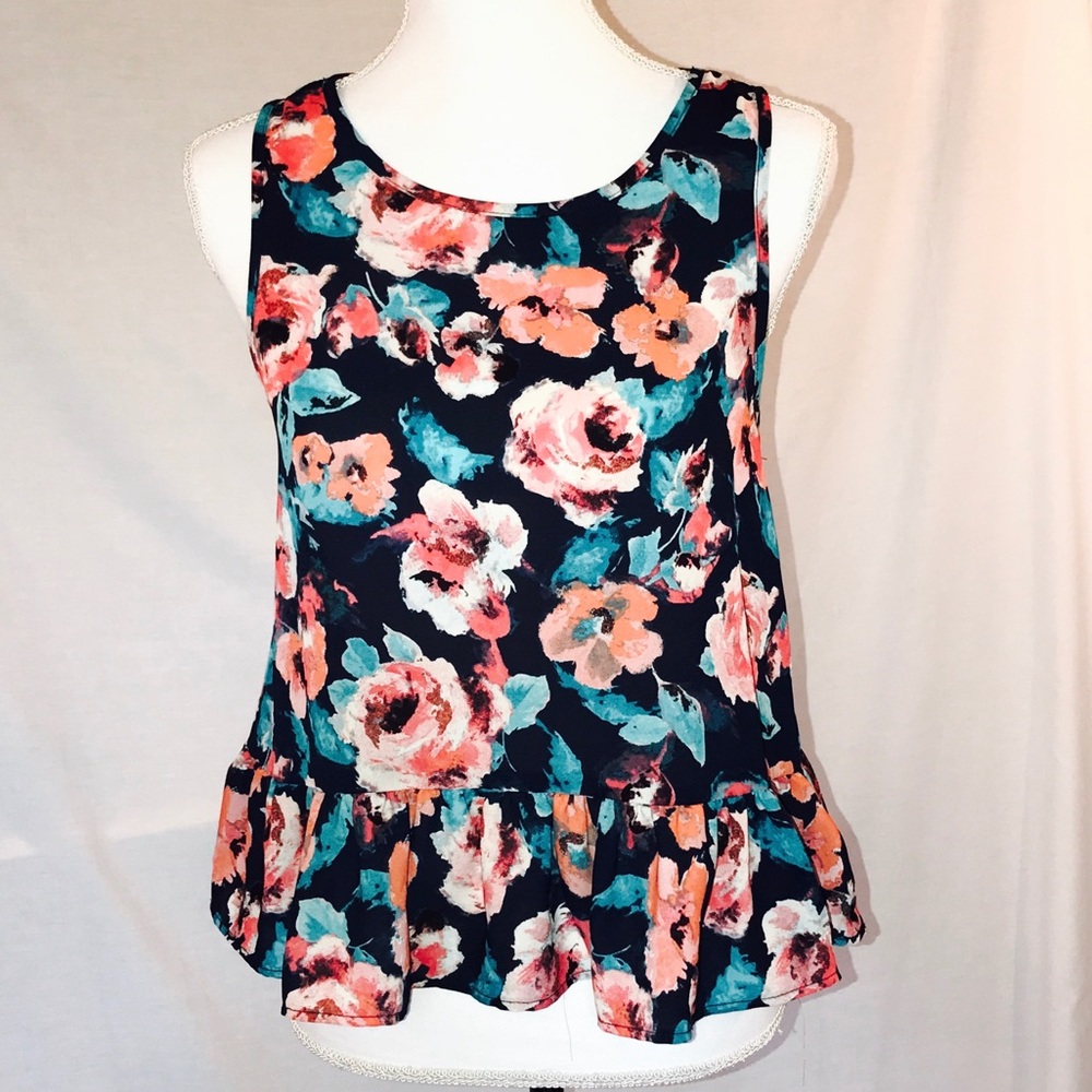 LA Hearts PacSun Navy Chiffon Peplum Floral Top Small